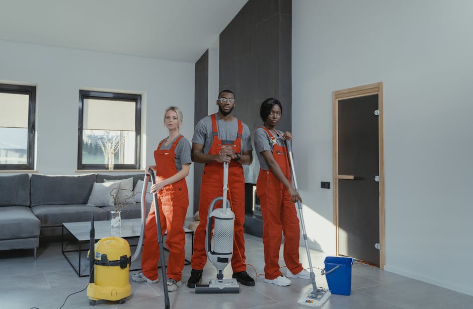 Three professional cleaners from Edgware Carpet Cleaners dressed in grey t-shirts and orange overalls standing in a modern living room with light-colored painted walls, large windows, and a grey sofa 